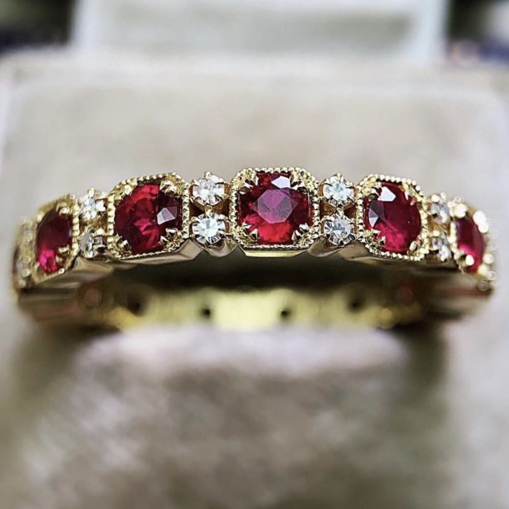 "18K Gold Plated CZ Crystal Red Stone Ring for Women, HA4634-6